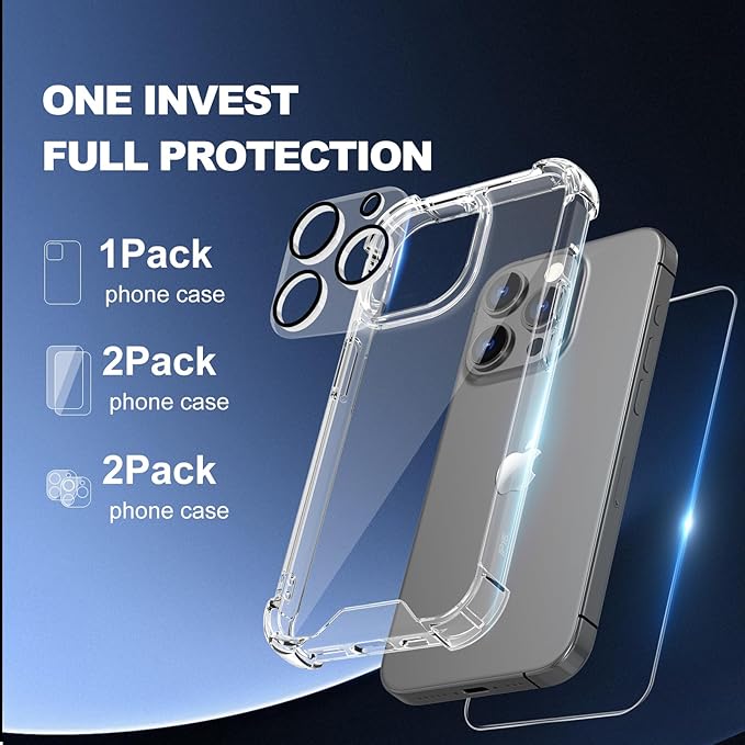for iPhone 15 Pro Case Clear - 5-in-1 Camera Lens and Glass Screen Protector