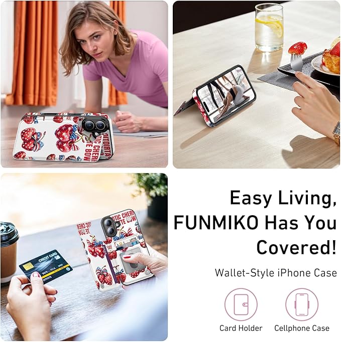 FUNMIKO for iPhone 16 Plus Wallet Case with Card Holder, RFID-Blocking, Military-Grade Protection & UV-Printed Artwork, Magnetic Closure with Leather Kickstand - Cherries with Bow