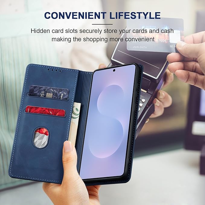 Jasonyu Flip Wallet Case for Samsung Galaxy S25 Edge 5G,Leather Magnetic Folio Cover with Card Holder,Kickstand - TPU Shockproof Durable Protective Phone Case,Blue