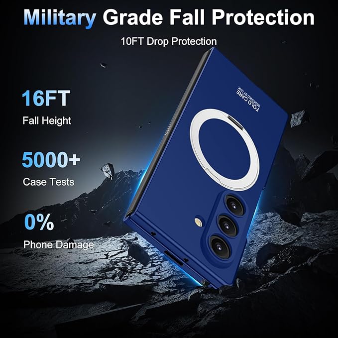 360 Spin Magnetic Stand for Samsung Galaxy Z Fold 7 Case, with Screen Protector [Compatible with MagSafe] Slim PC Hard Ring Holder Kickstand Protection Cover for Samsung Z Fold 7 Phone Case (Blue)