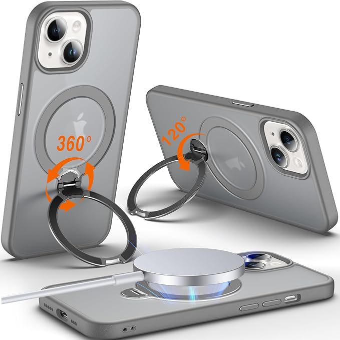 360° O-Ring MagStander for iPhone 13 Case, iPhone 14 Case with Magnetic Stand Ring Holder [Compatible with MagSafe][15FT Military Shockproof] Kickstand iPhone 13/14 Phone Cover Matte Grey