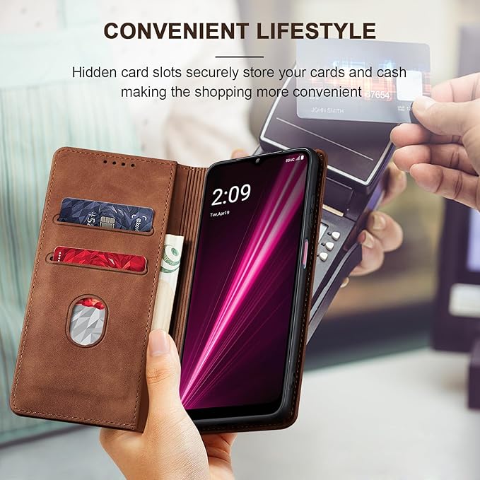 Jasonyu Flip Wallet Case for T-Mobile Revvl 6/6X 5G,Leather Magnetic Folio Cover with Card Holder,Kickstand - TPU Shockproof Durable Protective Phone Case,Brown
