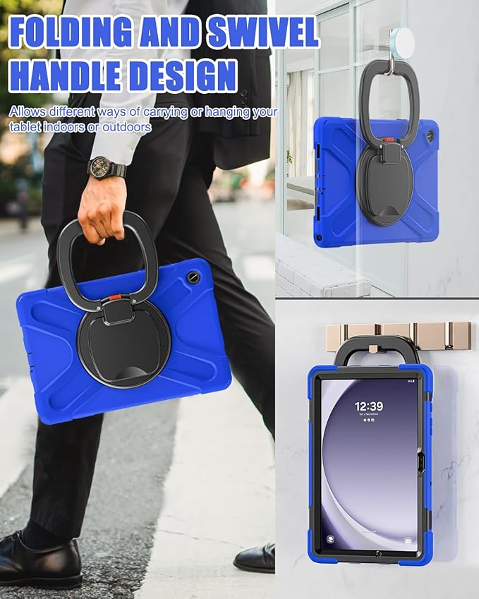 BRAECN Case for Samsung Galaxy Tab A9 Plus 11 Inch 2023 SM-X210/X216/X218, Heavy Duty Rugged Silicone Cover with Screen Protector, Handle Grip, Swivel Stand, Shoulder Strap for Samsung Tab A9+, Blue