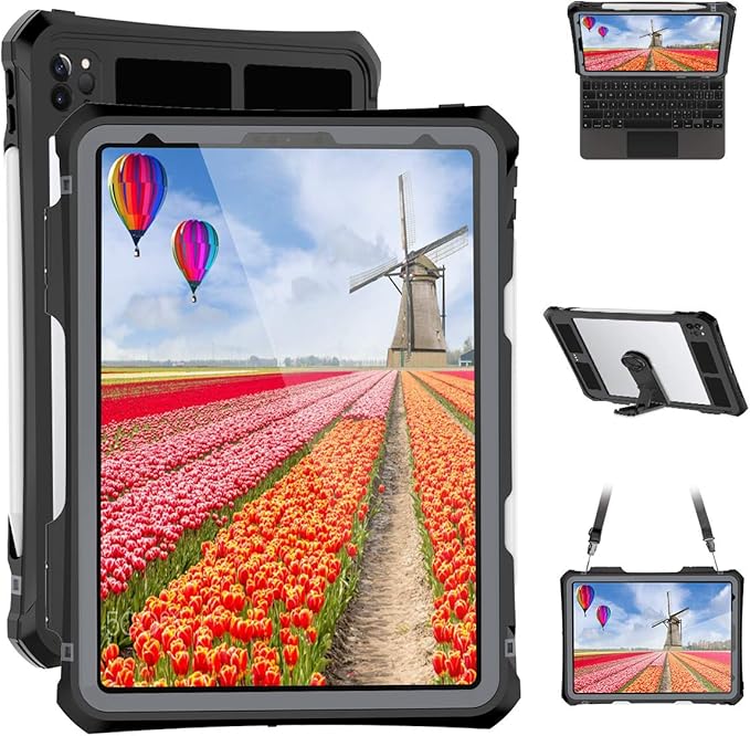 for iPad Pro 11 Case - Black Waterproof Case for iPad Pro 11 Inch 2020 2021 2022 New Clear Full Body Protection Bumper Case Shockproof Dustproof with Ring Stand Strap Built in Pen Holder