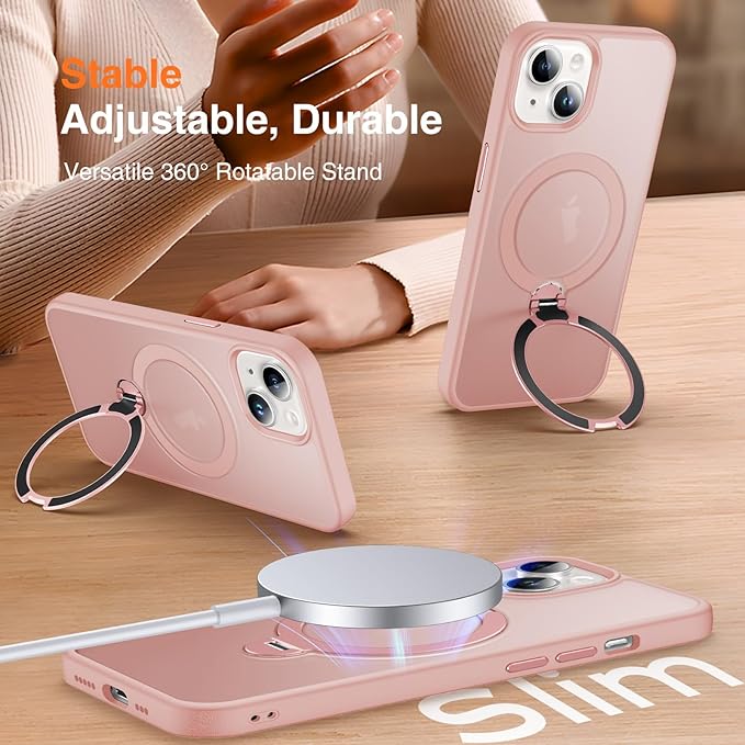 360° O-Ring MagStander for iPhone 13 Case, iPhone 14 Case with Magnetic Stand Ring Holder [Compatible with MagSafe][15FT Military Shockproof] Kickstand iPhone 13/14 Phone Cover Matte Pink