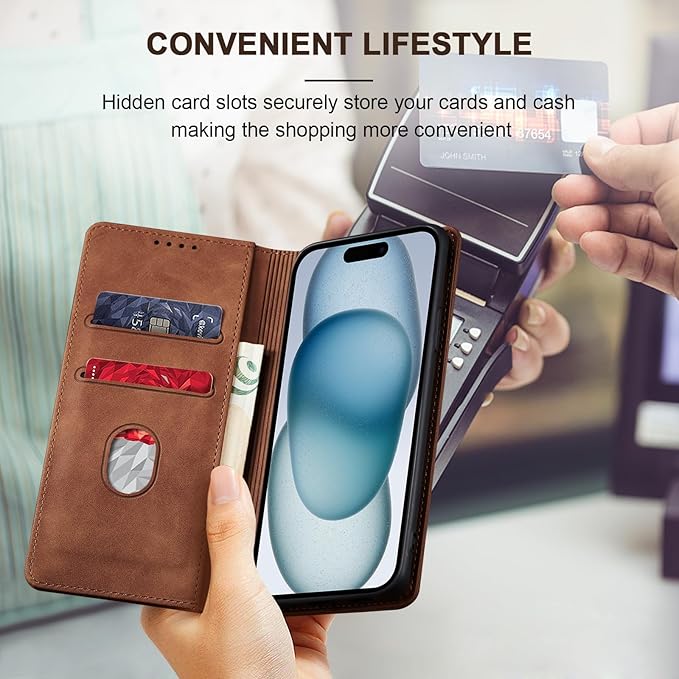 Jasonyu Flip Wallet Case for iPhone 15,Leather Magnetic Folio Cover with Card Holder,Kickstand - TPU Shockproof Durable Protective Phone Case,Brown