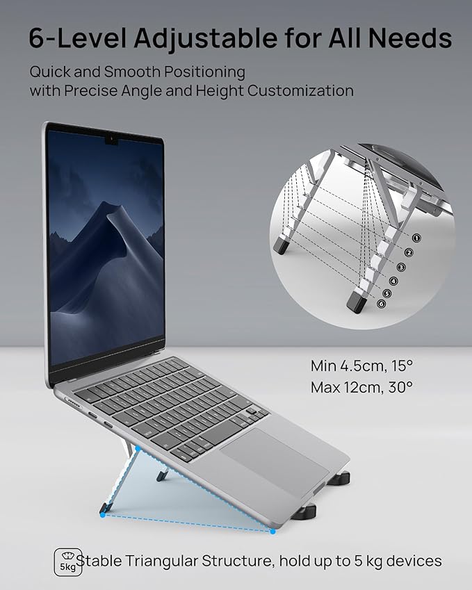 【Innovative & Ultra Compact】SODI Foldable Laptop Stand for Desk, Lightweight Portable Tablet Holder for Business Travel, Cafe, 6 Level Height Adjust Computer Holder for MacBook, Tablet 10-16", Silver