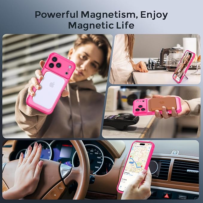 MOCCA Compatible with iPhone 17 Pro Case with Magnetic Invisible Stand [Full Camera Protection] [Compatible with Magsafe] Military Drop Shockproof Translucent Matte Phone Case Cover 6.3",Hot Pink