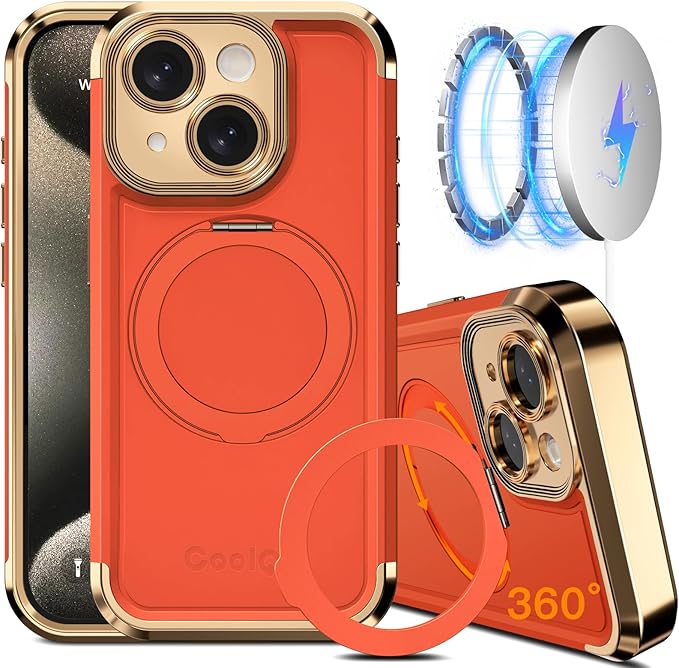 COOLQO for iPhone 14 Case 6.1'' Upgraded 360° Spin Magnetic Stand [Compatible with Magsafe][Military Grade Drop Protection] Shockproof Protective Phone Holder Cover for iPhone 14, Orange Gold