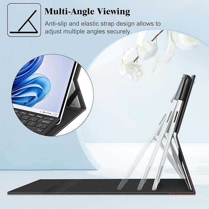 Fintie Case for 13 Inch Microsoft Surface Pro 11/10/9 - Multiple Angle Viewing Portfolio Business Cover with Pocket & Stylus Holder, Compatible with Type Cover Keyboard (black/brown)