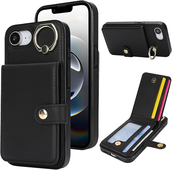 Compatible iPhone 16e Wallet Case with Card Holder RFID Blocking PU Leather Doubles as a Wallet Unisex Flip Shockproof Protection with Card Slots Ring Wrist Kickstand Function,Black