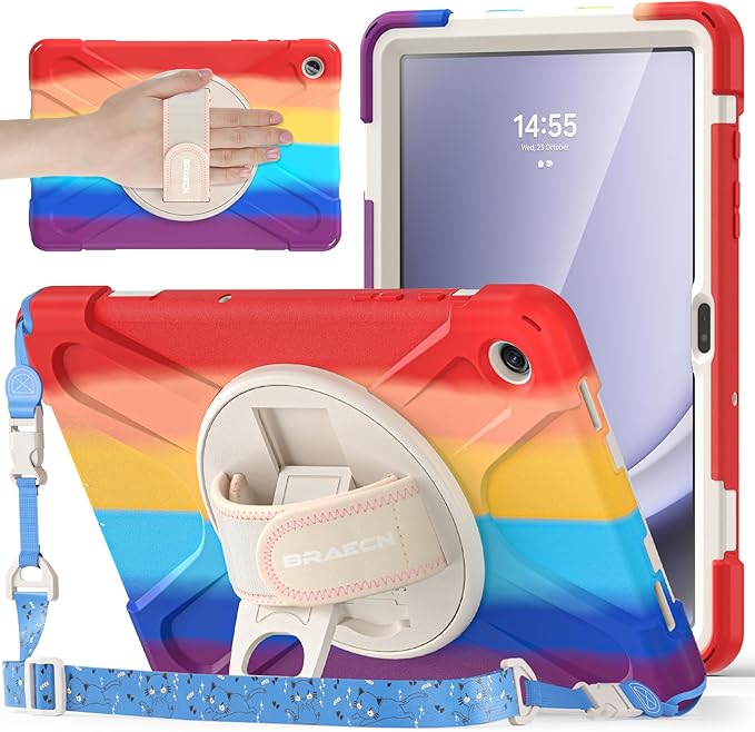 BRAECNstock Kids Case for Samsung Galaxy Tab A9+ Plus 11 inch (SM-X210/X216/X218) Shockproof Protective Case with Screen Protector Pen Holder [Rotating Hand Strap+Stand], Colorful Red