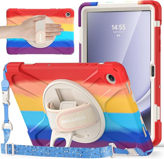 BRAECNstock Kids Case for Samsung Galaxy Tab A9+ Plus 11 inch (SM-X210/X216/X218) Shockproof Protective Case with Screen Protector Pen Holder [Rotating Hand Strap+Stand], Colorful Red