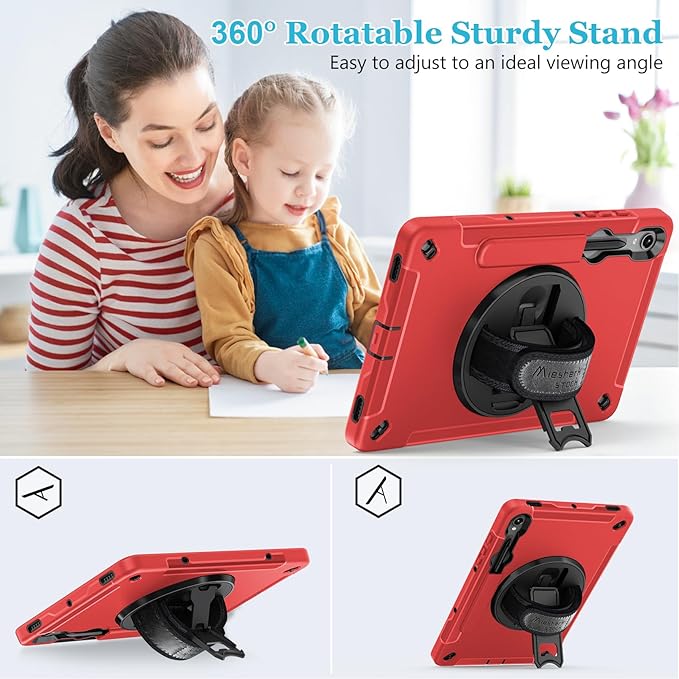 Case for Galaxy Tab S10 FE &S9 FE 10.9"/S9 11 Inch: TPU Cover for Samstng Tablet S10 FE/ 2025/ S9 FE & S9 2023 5G with Screen Protector- Stand- Handle-Shoulder Strap-S-Pen Holder-Red