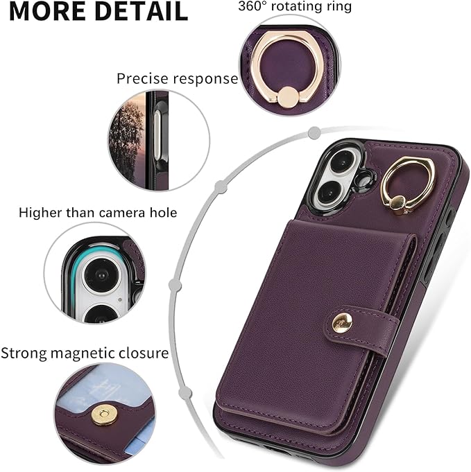 Compatible iPhone 16 Plus Wallet Case with Card Holder RFID Blocking PU Leather Doubles as a Wallet Unisex Flip Shockproof Protection with Card Slots Ring Wrist Kickstand Function,Purple