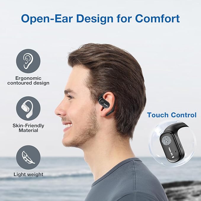 True Open Ear Earbuds Wireless Bluetooth 5.3 Headphones with Microphone, Earbuds with Earhooks, ENC Noise-Cancellation, 45H Playtime, Long-Lasting Comfort, Crystal-Clear Calls for Driving/Gym