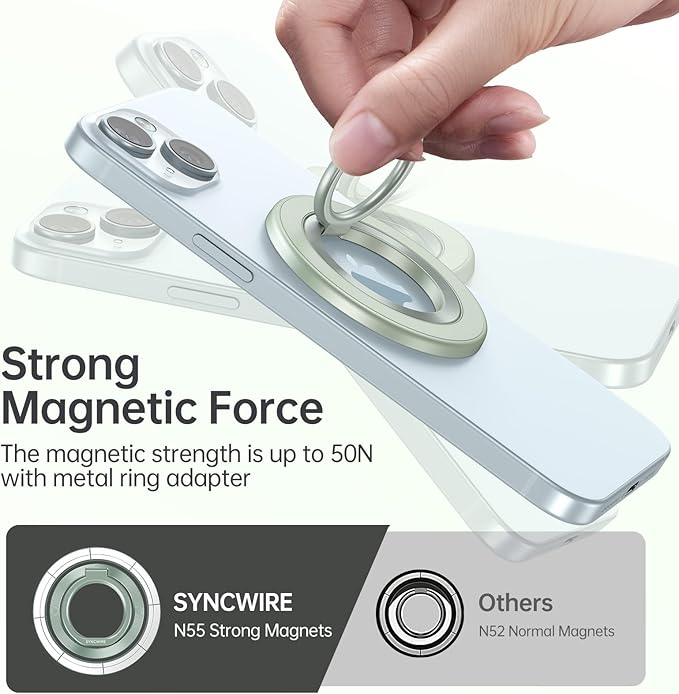 SYNCWIRE Magnetic Phone Ring Holder for MagSafe, 360° Rotation Cell Phone Grip Stand Finger Ring Kickstand Two-Sided Magnet Compatible with iPhone 17 Pro Max 16 15 14 13 12 MagSafe Accessories