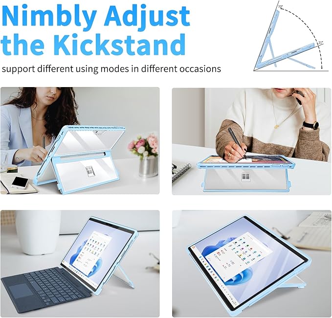 Case Updated Version fit Microsoft Surface Pro 11/10 /9/8 13-Inch, All-in-one Rugged Case Compatible with Type Cover Keyboards, Transparent&Light Blue