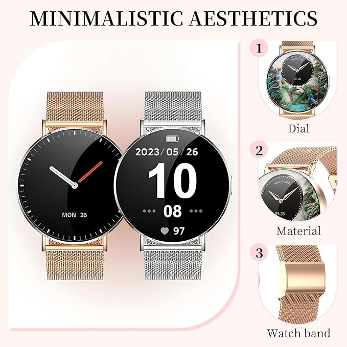 Welfit Smart Watch for Women (2 Straps),1.32-inch AMOLED Ultra Clear Screen Fitness Tracker with SpO2/heart Rate/Sleep Tracking, Suitable for iOS/Android System Waterproof smartwatch(Gold)