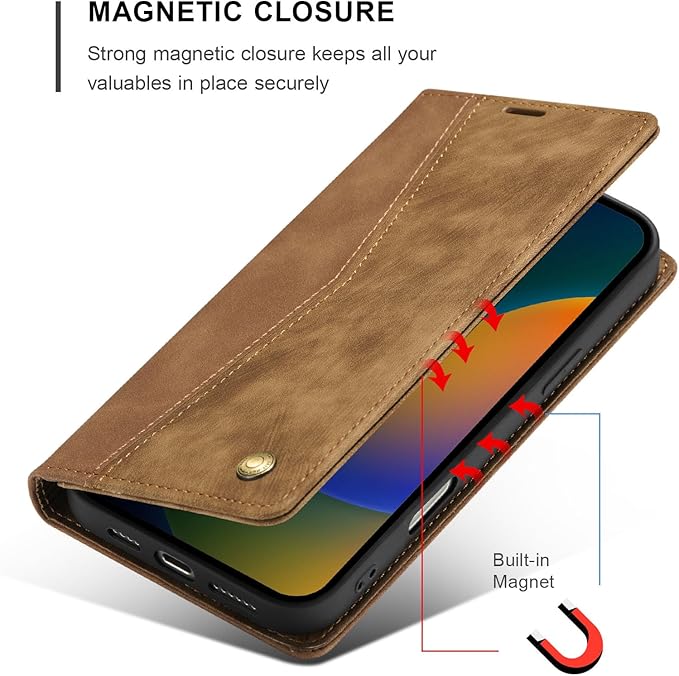 QLTYPRI for iPhone 16 Pro Max Case Wallet with Card Holder, Vintage PU Leather Kickstand Magnetic Closure Shockproof Folio Book Cover Case for iPhone 16 Pro Max - Retro Brown