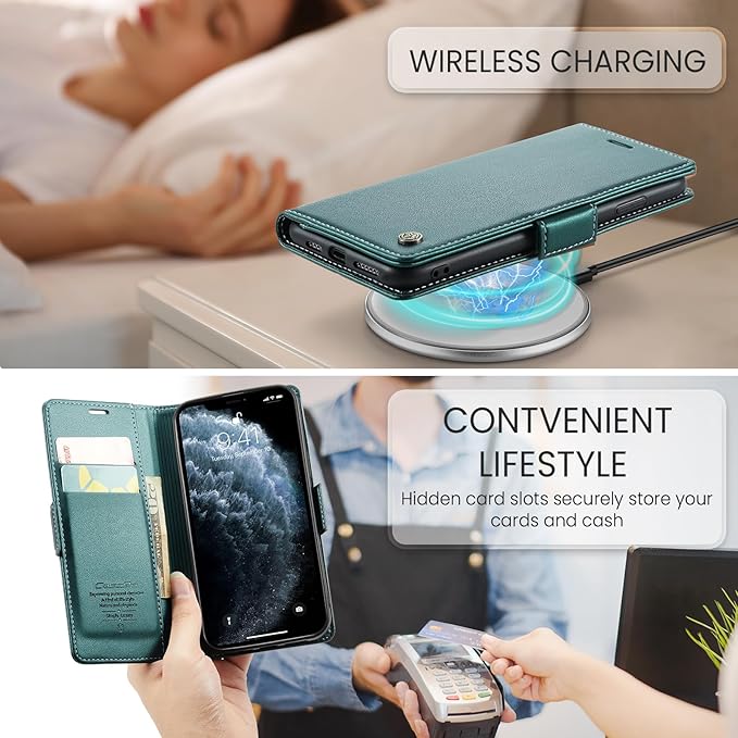 for iPhone 11 Pro Case, Premium PU Leather Wallet Case Flip Cover with [RFID Blocking][Card Holder][Stand Function] Shockproof Protective for iPhone 11 Pro 5.8", Blue-Green