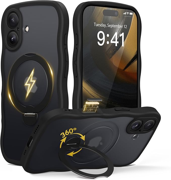 GolbinBox for iPhone 16 Case, [Compatible with Magsafe][360° Spin Magnetic Stand][Military-Grade Protection][Camera Control][Cute Wave Edge] Translucent Matte Women Phone Cover for iPhone 16, Black