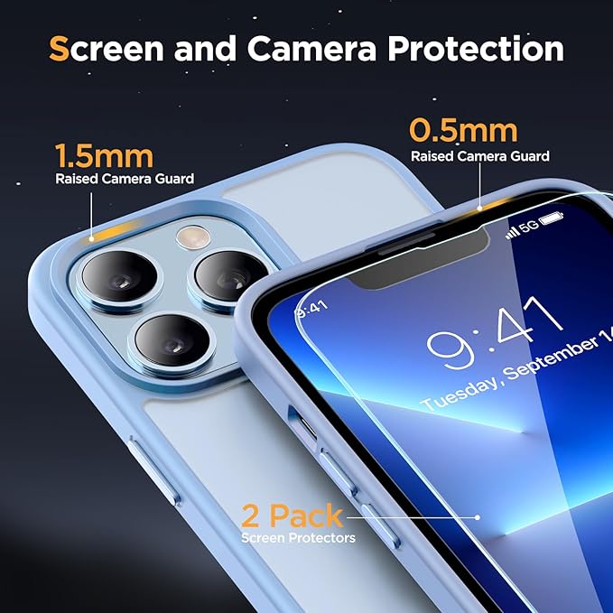 Miracase Magnetic for iPhone 13 Pro Case 6.1 inch (Compatible with MagSafe)（with 2X Screen Protectors）Military-Grade Protection, Anti-Fingerprint Translucent Matte Phone Case Cover, Light Blue