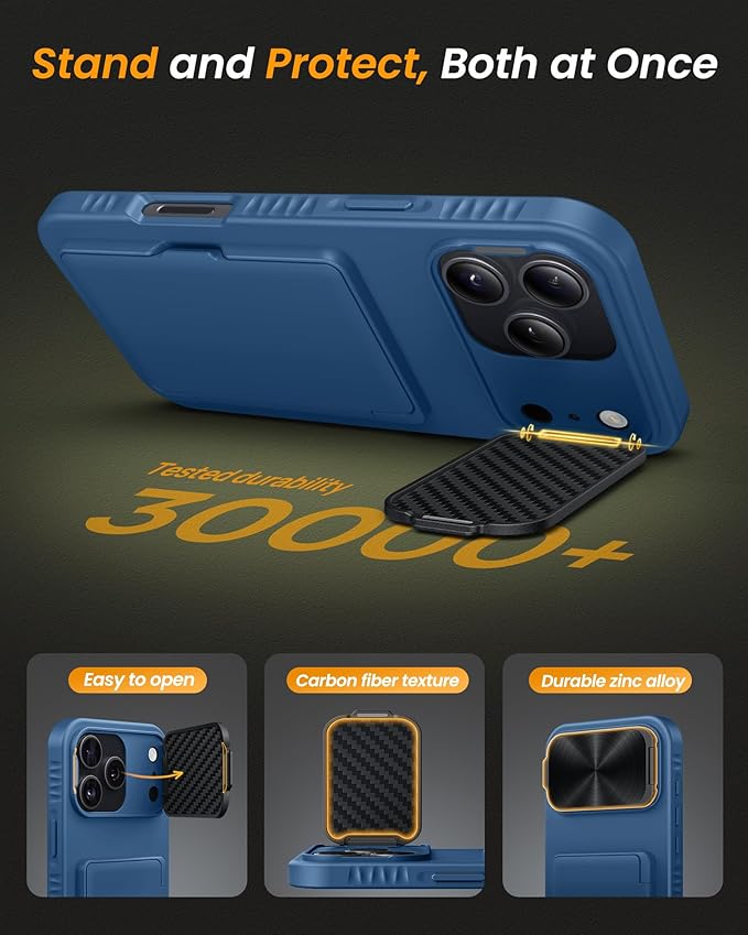 for iPhone 17 Pro Case with Card Holder, Built-in Stand & Camera Lens Cover, Shockproof Rugged Silicone Bumper Raised Edge Protective Wallet Phone Case for iPhone 17 Pro 6.3" 2025, Blue