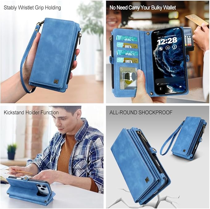 for iPhone 17 Pro Wallet Phone Case with 7 Card Holder,RFID Blocking | PU Leather | Kickstand | Flip | Wrist Strap&Shoulder Strap | Shockproof | Zipper Wallet | Women Men | 6.3" | Sky Blue