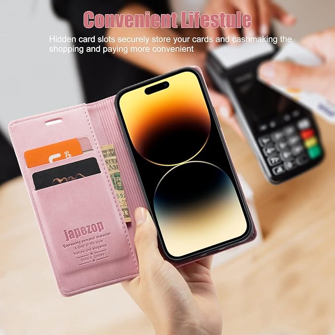 japezop iPhone 14 Pro Wallet Case with [RFID Blocking] Credit Card Slots Folio Magnetic Stand,Leather Flip Case Wallet for iPhone 14 Pro 5G 6.1 Inch (Pink)