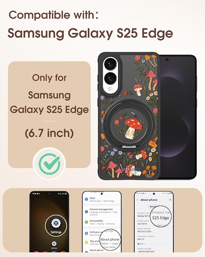 for Samsung Galaxy S25 Edge Case with 360° Rotatable Magnetic Ring - Compatible with MagSafe, Semi-Transparent Soft-Touch Material Shockproof, Cute Mushroom Design for Women Girl