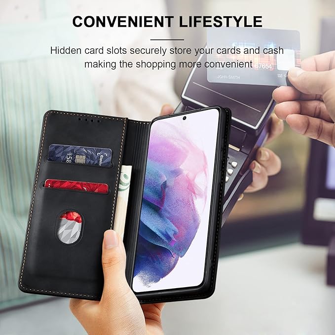 Jasonyu Wallet Case for Samsung S21 Plus, PU Leather Cover with Stand, Magnetic Folio Flip, TPU Shockproof Interior Case and Card Holder Slots, Black