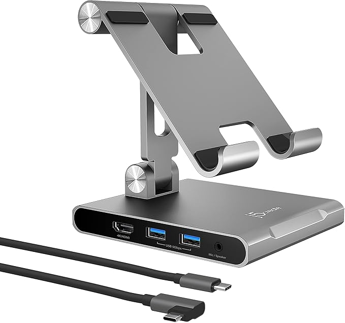 j5create Adjustable Tablet Stand with USB Type C Docking Station for iPad Pro/Air/mini : 4K60 HDMI, 2 x USB-A 5Gbps, 100W PD Charging, microSD/SD Card Reader, 3.5mm Audio Jack (JTS224)