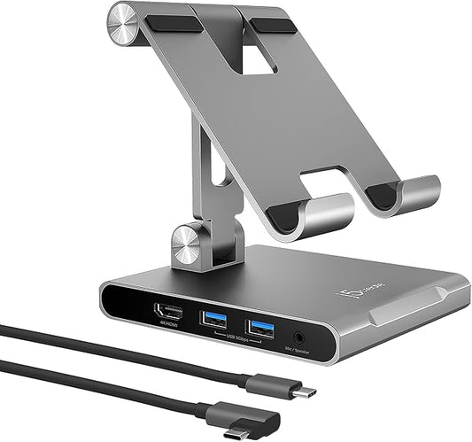 j5create Adjustable Tablet Stand with USB Type C Docking Station for iPad Pro/Air/mini : 4K60 HDMI, 2 x USB-A 5Gbps, 100W PD Charging, microSD/SD Card Reader, 3.5mm Audio Jack (JTS224)