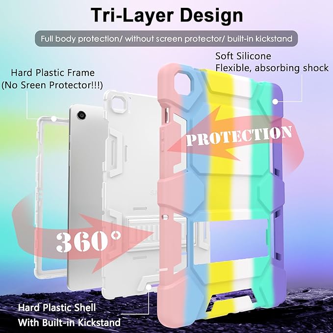 CCMAO Case for Samsung Galaxy Tab A9+/A9 Plus 11”(SM-X210/X216/X218), Heavy Duty Shockproof Hard Hybrid Three Layer Protective Cover with Kickstand for Galaxy Tablet A9+ 2023 Model for Kids, Rainbow