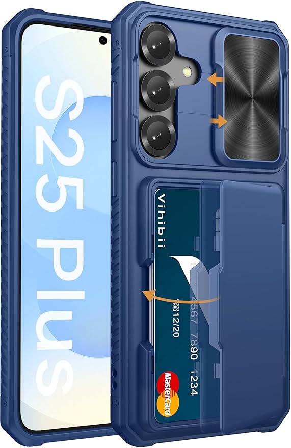 Vihibii for Samsung Galaxy S25+ Plus Case with Card Holder (4 Cards), [RFID Blocking] & Slide Camera Cover & Raised Edges Protect Screen, Shockproof Rugged Phone Case for Galaxy S25+ Plus 6.7", Blue