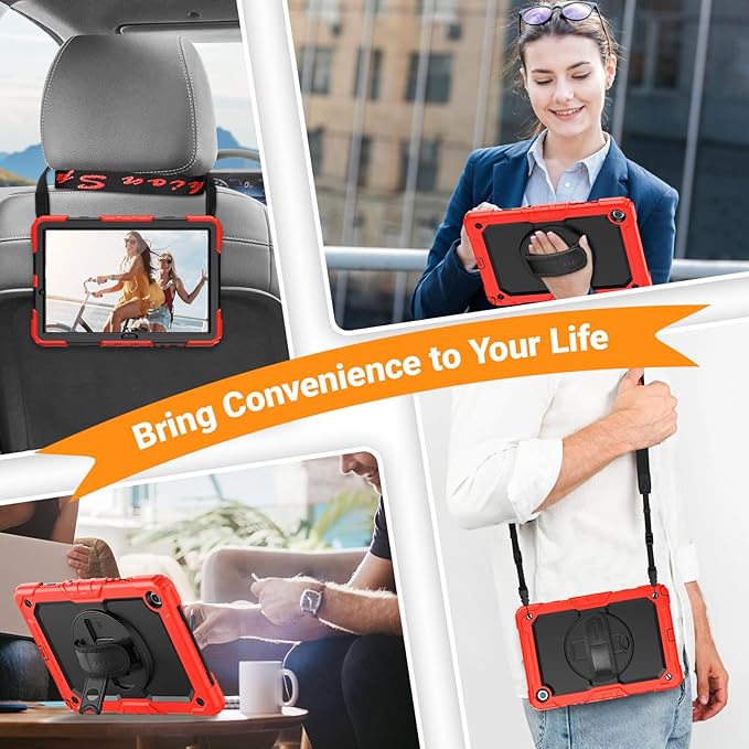 SEYMAC Case for Samsung Galaxy Tab A9+/ A9 Plus 11" (SM-X210/X216/X218), Heavy Duty Shockproof Protective Case with Screen Protector, Rotating Stand, Hand/Shoulder Strap and Pen Holder, Red