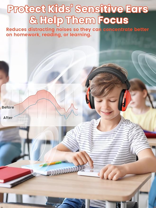 Dr.meter Ear Muffs for Noise Reduction: 27.4SNR Noise Cancelling Headphones for Kids Adults, EM100 Adjustable Hearing Protection Earmuffs for Monster Jam, Autism Sensory, Concerts, Fireworks Orange