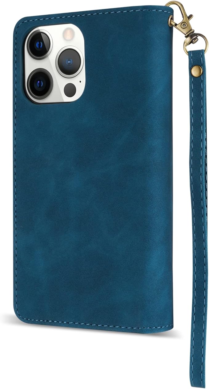 ZZXX for iPhone 12 Case Wallet with Card Slot Premium Soft PU Leather Zipper Flip Folio Wallet with Wrist Strap Kickstand Protective for iPhone 12 (Blue 6.1 inch)