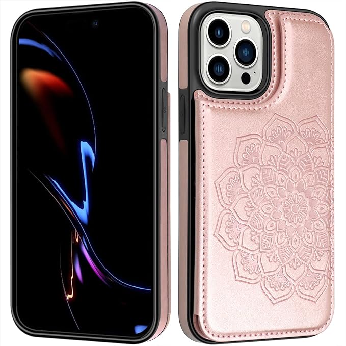 MMHUO for iPhone 14 Pro Case with Card Holder,Flower Magnetic Buttons Protective Wallet Case for Women for iPhone 14 Pro,Rose Gold