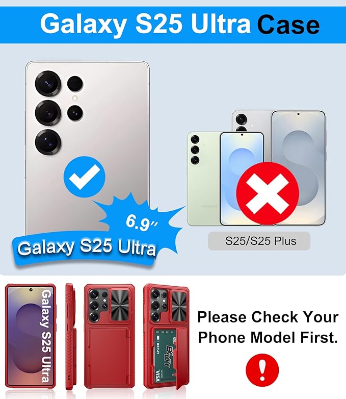 for Samsung Galaxy S25 Ultra Case Wallet, Card Holder (4-5 Cards), RFID Block, Slide Camera Cover & Military Grade Drop Proof, Heavy Duty Men Women Phone Cases for Samsung Galaxy S25 Ultra, Red