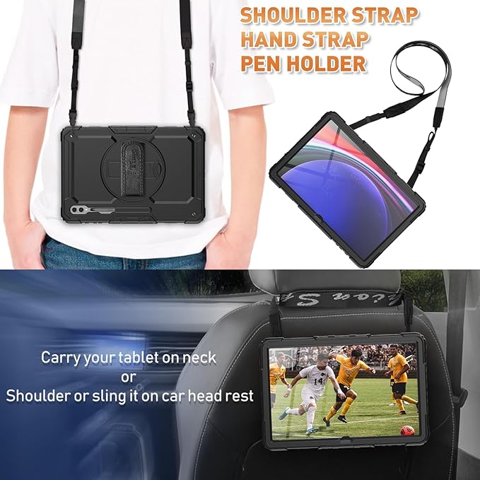Timecity Case for Samsung Galaxy Tab S10 Ultra/ S9 Ultra/ S8 Ultra Tablet Case 14.6''- Heavy Duty Protective Cover with Screen Protector, Stand, Shoulder Strap & S Pen Holder | Kids-Friendly, Black