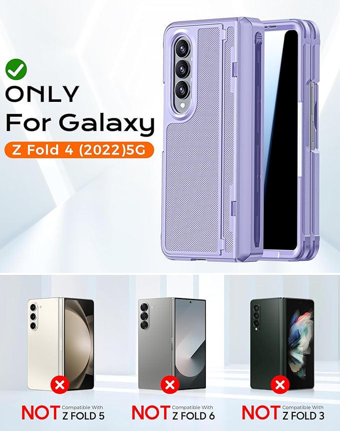 for Galaxy Z Fold 4 Case, S Pen Holder & Privacy Screen Protector & Kickstand & Hinge Protection, Slim Rugged Military-Grade Shockproof Protective Phone Case for Samsung Fold 4 (Purple)
