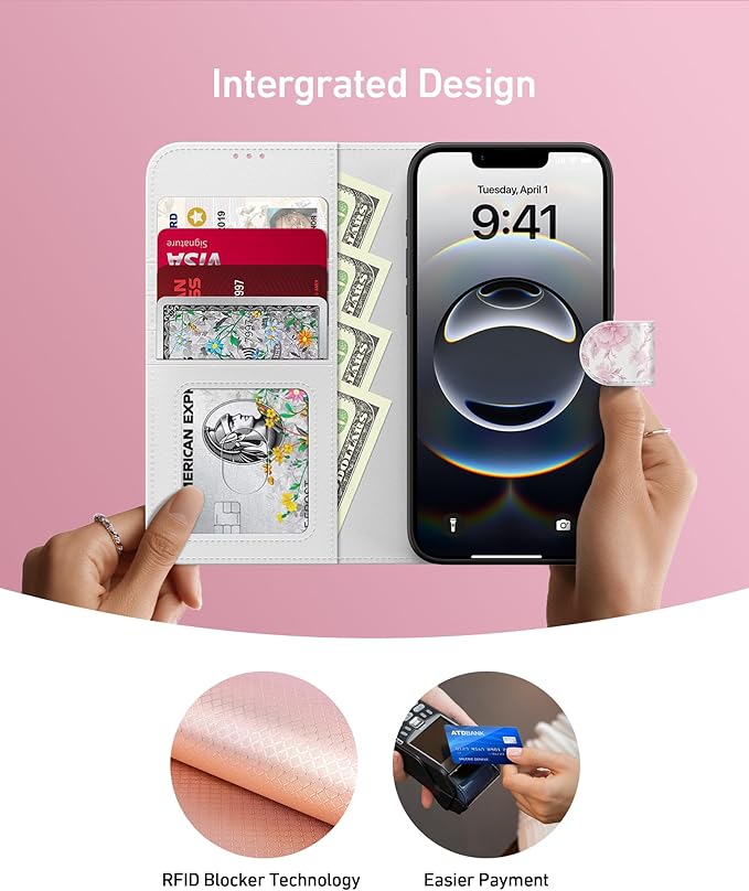 DEENAKIN for iPhone 16e Wallet Case with Card Holder + Cash Clip, RFID-Blocking, Military-Grade Drop Protection, Magnetic Closure with Leather Kickstand - Blooming Pink Roses