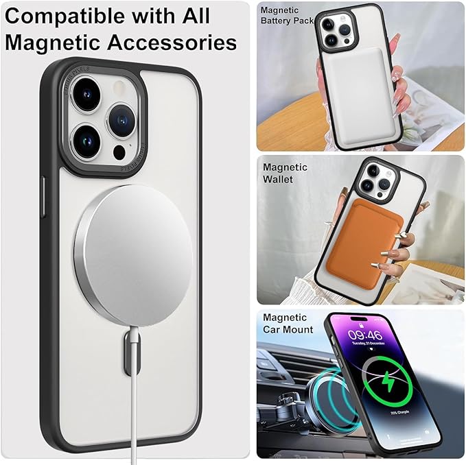 ZIYE Magnetic Case for iPhone 14 Pro Max Case with Stand [Compatible with MagSafe] Slim Shockproof Military Grade Heavy Duty Cover with 360 Rotatable Ring Kickstand for Women Men, Translucent Black