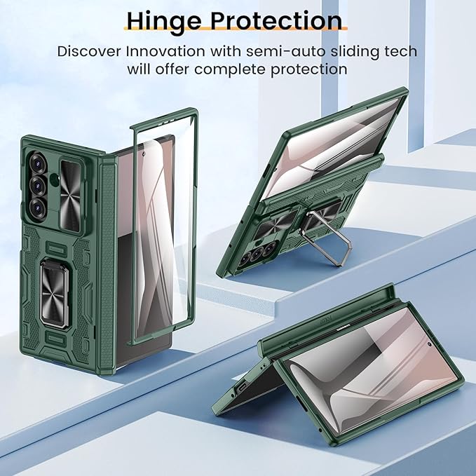 VEGO Case for Z Fold 7 with Kickstand[Slide Camera Cover][Built-in Screen Protector][Hinge Protection] Full-Body Military Grade Shockproof Anti-Fall Protective Hard Case for Samsung Fold7 5G-Green