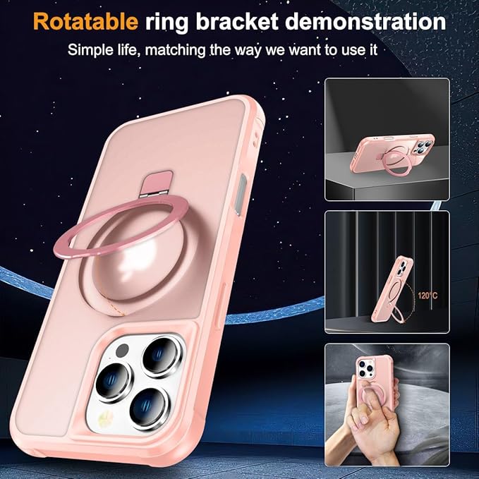 Magnetic Compatible with iPhone 16 Pro Case with Stand [Military Grade Drop Tested][Compatible with Magnet] Ring Translucent Slim Hard Back Soft Edge, Pink