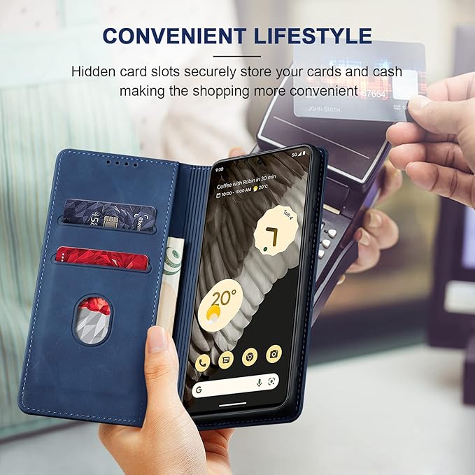 Jasonyu Flip Wallet Case for Google Pixel 7 Pro 5G,Leather Magnetic Folio Cover with Card Holder,Kickstand - TPU Shockproof Durable Protective Phone Case,Blue