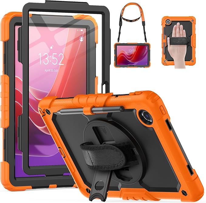 HXCASEAC Case for Lenovo Tab M11/K11 LTE 11’’ with Screen Protector/Pen Holder/Rotating Hand Strap/Stand, Protective M11 Tablet Case (TB-330FU/TB-330XU) Cover 2024, Orange