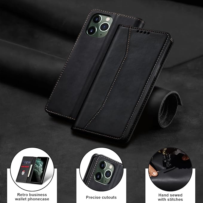 Jasonyu Flip Wallet Case for iPhone 11 Pro,Leather Magnetic Folio Cover with Card Holder,Kickstand - TPU Shockproof Durable Protective Phone Case,Black